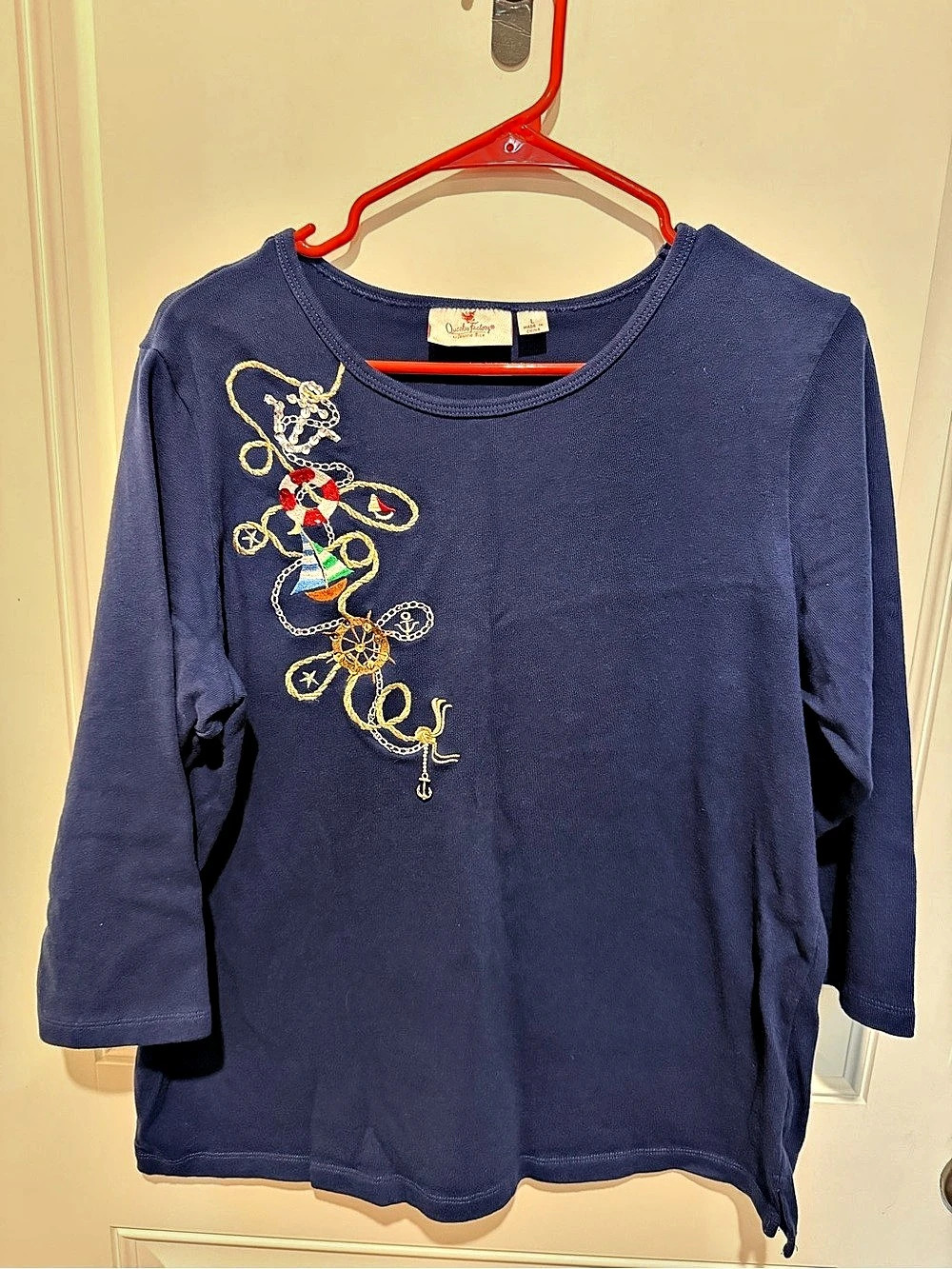 Quacker Factory Nautical Short-Sleeve Embroidered Top with Tassel Blue Large